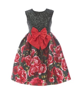 BONNIE JEAN SHORT-SLEEVE SEQUIN-EMBELLISHED BODICE/FLORAL MIKADO FIT AND FLARE DRESS - Image 2