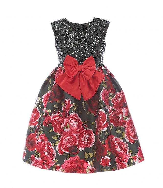 BONNIE JEAN SHORT-SLEEVE SEQUIN-EMBELLISHED BODICE/FLORAL MIKADO FIT AND FLARE DRESS - Image 2