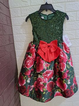 BONNIE JEAN SHORT-SLEEVE SEQUIN-EMBELLISHED BODICE/FLORAL MIKADO FIT AND FLARE DRESS