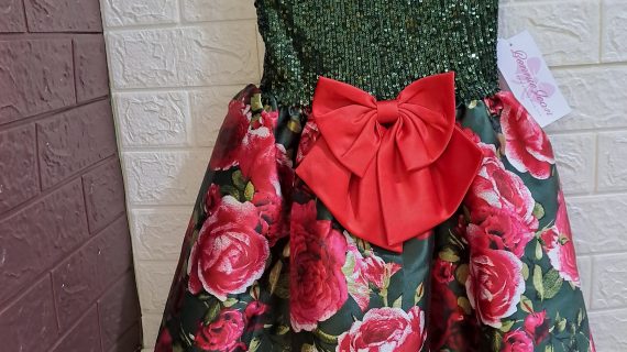 BONNIE JEAN SHORT-SLEEVE SEQUIN-EMBELLISHED BODICE/FLORAL MIKADO FIT AND FLARE DRESS